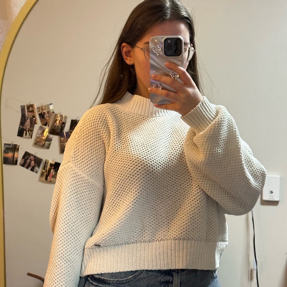 Hollister White Crew Neck Sweater with Textured Knit